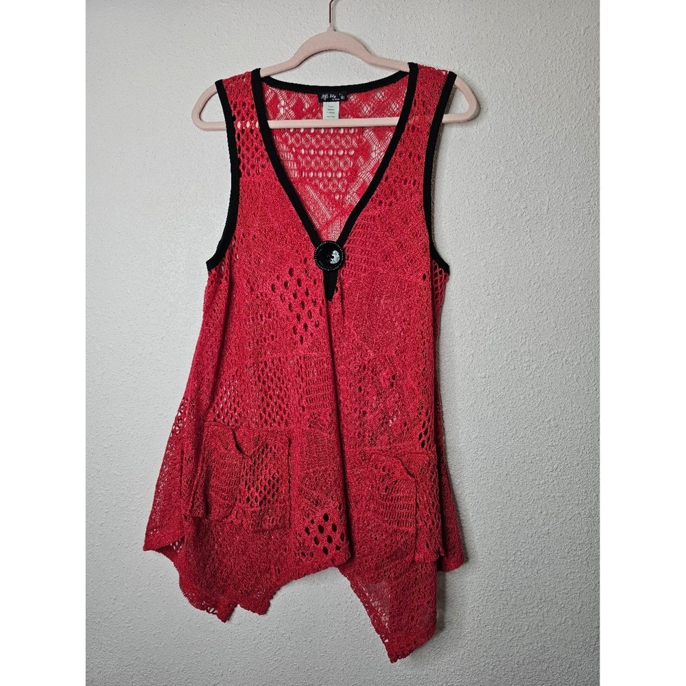 Lily by Firmiana Red Open Knit Crochet Asymmetrical Sharkbite Hem Sz L Lagenlook